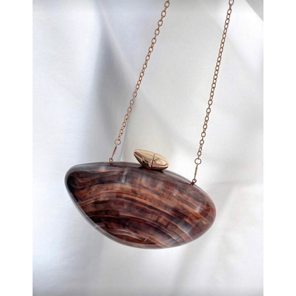 Marbled Tortoise Shell Pebble Clutch Bag Brown Acrylic Evening Bag Gold Chain - Picture 2 of 8